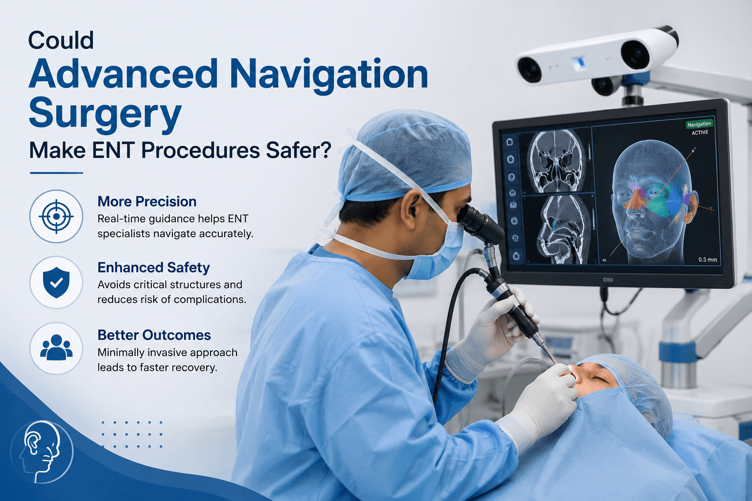 ENT surgeon using advanced navigation technology for safer, more precise surgery.